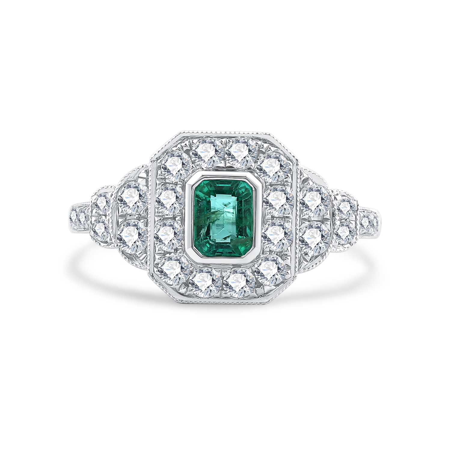 18K WHITE GOLD NATURAL DIAMOND EMERALD RING