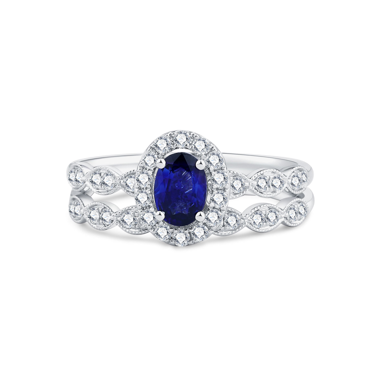 18K WHITE GOLD NATURAL DIAMOND BLUE SAPPHIRE TWO RING SET