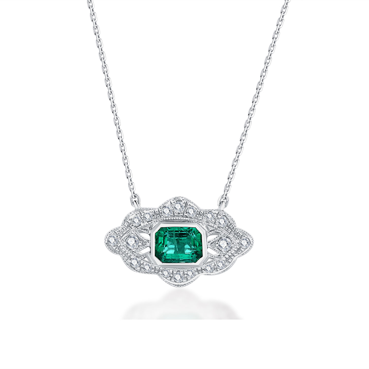 18K WHITE GOLD NATURAL DIAMOND EMERALD PENDANT NECKLACE