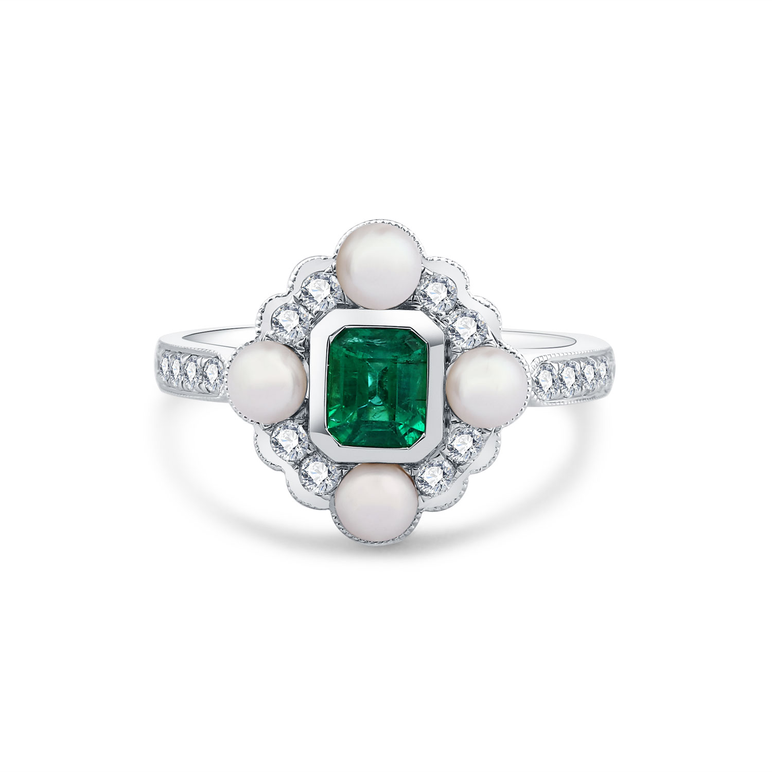 18K WHITE GOLD DIAMOND PEARL EMERALD RING